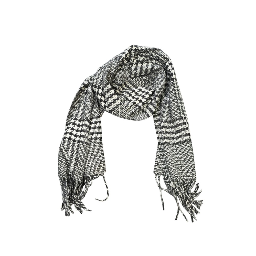 V. Fraas Cashmink Houndstooth Plaid Scarf Men's Black White Fringe Germany Made